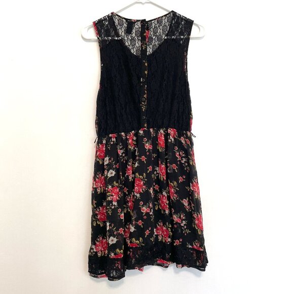FOREVER 21 Black Red Floral / Sheer Black Lace Back Mini Fit Flare Dress NO BELT - Picture 11 of 16